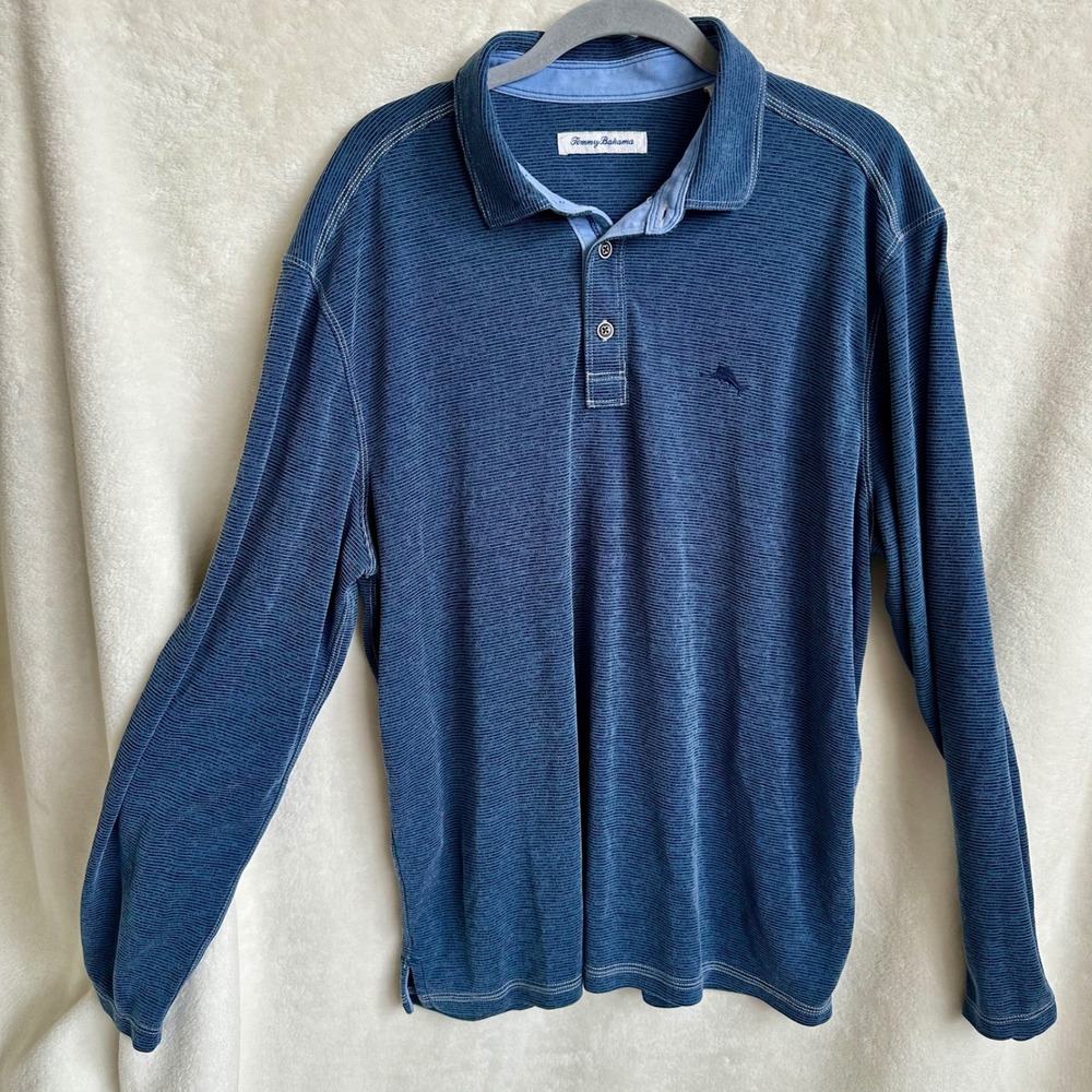 Tommy Bahama Navy Tencel Modal Long Sleeve Polo Shirt Mens Large Soft Knit